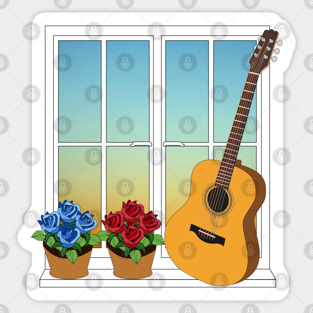 Acoustic Guitar Leaning Against Window with Flowers Sticker by nightsworthy